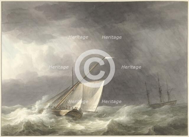 Two sailing ships on turbulent sea, 1803. Creator: Martinus Schouman.