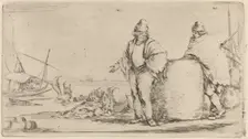 Two Sailors Standing near a Large Bale of Merchandise. Creator: Stefano della Bella