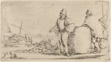 Two Sailors Standing near a Large Bale of Merchandise. Creator: Stefano della Bella