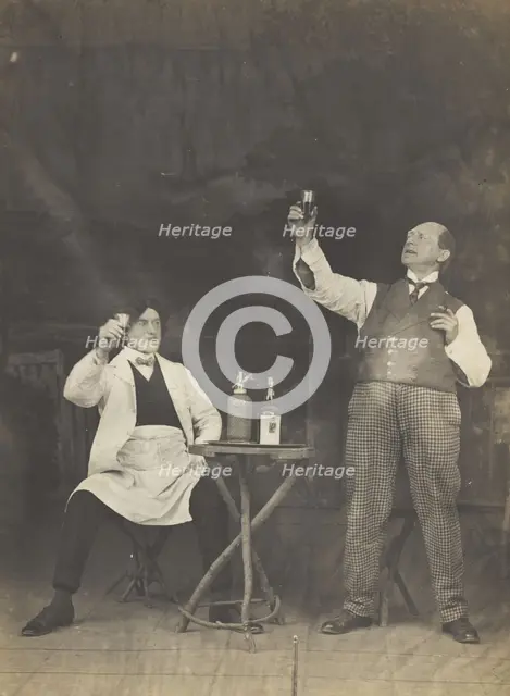 Two sailors pose on stage, holding up a drink, (between 1910 and 1919?). Creator: Unknown.