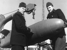 Two sailors with a torpedo, Sweden, 1955. Creator: Unknown