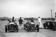 Two Salmson cars on the start line at a JCC Members Day, Brooklands. Creator: Bill Brunell