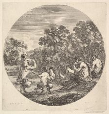 Two satyrs and a faun seated to right watching two child satyrs and another satyr w..., ca. 1643-48. Creator: Stefano della Bella