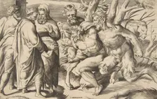Two satyrs bringing Silenus King Midas standing at the left, 1531-76. Creator: Giulio Bonasone