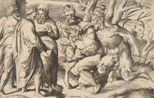 Two satyrs bringing Silenus King Midas standing at the left, 1531-76. Creator: Giulio Bonasone
