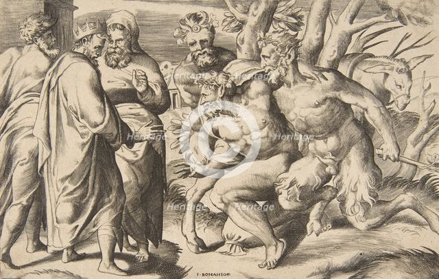 Two satyrs bringing Silenus King Midas standing at the left, 1531-76. Creator: Giulio Bonasone.