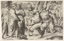 Two satyrs leading Silenus to King Midas, who stands at left with two male attendan..., ca. 1550-80. Creator: Giulio Bonasone
