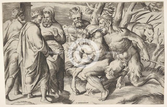 Two satyrs leading Silenus to King Midas, who stands at left with two male attendan..., ca. 1550-80. Creator: Giulio Bonasone.