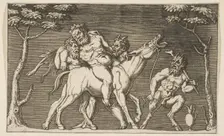 Two satyrs placing Silenus on a braying mule and a third satyr at right, ca. 1515-27. Creator: Attributed to Marco Dente (Italian, Ravenna, active by 1515-died 1527 Rome)