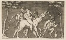 Two satyrs placing Silenus on a braying mule and a third satyr at right, ca. 1515-27. Creator: Attributed to Marco Dente (Italian, Ravenna, active by 1515-died 1527 Rome)