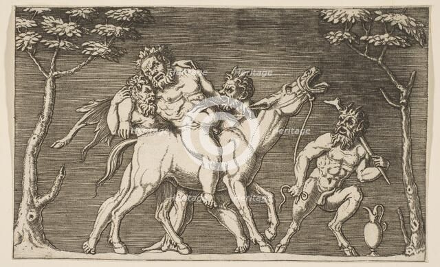 Two satyrs placing Silenus on a braying mule and a third satyr at right, ca. 1515-27. Creator: Attributed to Marco Dente (Italian, Ravenna, active by 1515-died 1527 Rome).