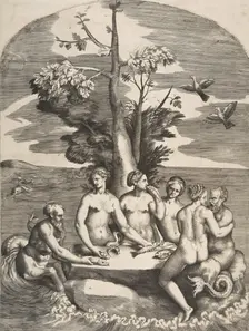 Two sea gods accompanied by four nymphs, 1531-76. Creator: Giulio Bonasone