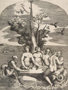 Two sea gods accompanied by four nymphs, 1531-76. Creator: Giulio Bonasone