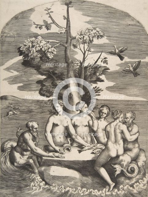 Two sea gods accompanied by four nymphs, 1531-76. Creator: Giulio Bonasone.