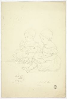 Two Seated Baby Girls (recto), a Still Life, and Two Animals (verso), 1840. Creator: Elizabeth Murray