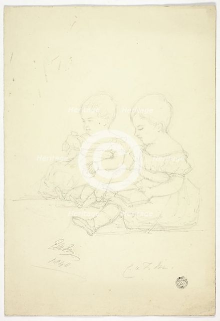 Two Seated Baby Girls (recto), a Still Life, and Two Animals (verso), 1840. Creator: Elizabeth Murray.