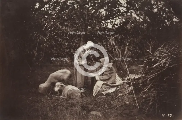 Two Shepherdesses Resting with Two Sheep, late 1870's. Creator: Auguste Giraudon's Artist (French).