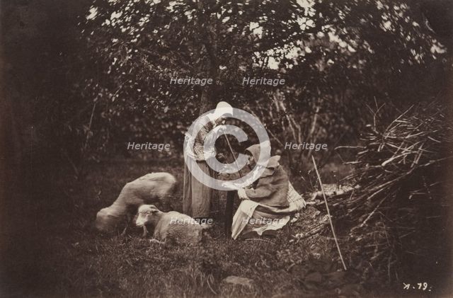 Two Shepherdesses Resting with Two Sheep, late 1870's. Creator: Auguste Giraudon's Artist (French).