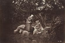 Two Shepherdesses Resting with Two Sheep, late 1870's. Creator: Auguste Giraudon's Artist (French)