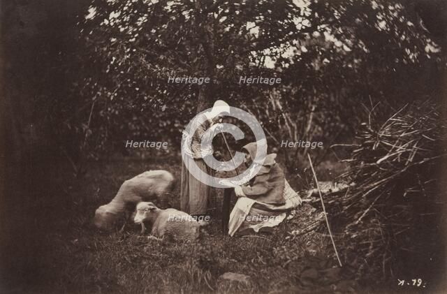 Two Shepherdesses Resting with Two Sheep, late 1870's. Creator: Auguste Giraudon's Artist (French).