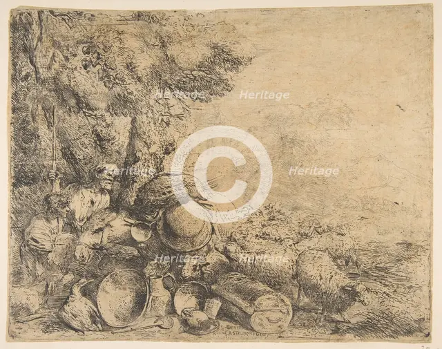 Two shepherds, a donkey and other animals in a landscape, ca. 1638-1640. Creator: Giovanni Benedetto Castiglione.
