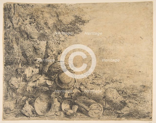 Two shepherds, a donkey and other animals in a landscape, ca. 1638-1640. Creator: Giovanni Benedetto Castiglione.