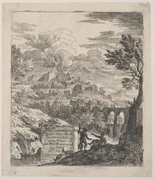 Two shepherds resting next to a pedestal, an aqueduct at right in the background, a..., ca. 1700-25. Creator: Franz Joachim Beich