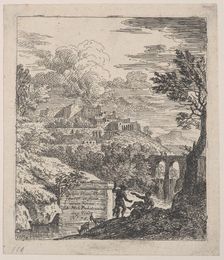 Two shepherds resting next to a pedestal, an aqueduct at right in the background, a..., ca. 1700-25. Creator: Franz Joachim Beich