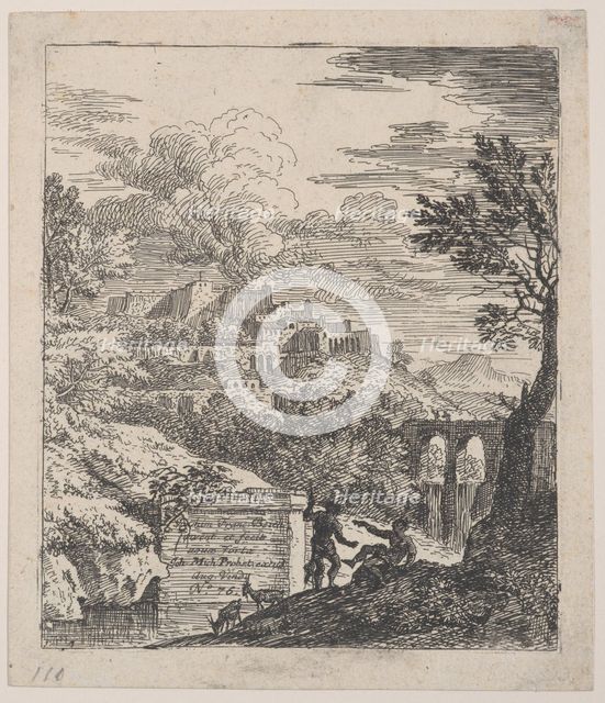Two shepherds resting next to a pedestal, an aqueduct at right in the background, a..., ca. 1700-25. Creator: Franz Joachim Beich.
