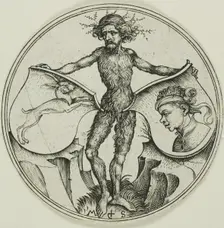 Two Shields with a Hare and a Moor's Head, Held by a Wild Man, 1480/90. Creator: Martin Schongauer
