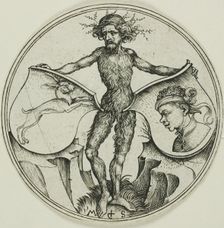 Two Shields with a Hare and a Moor's Head, Held by a Wild Man, 1480/90. Creator: Martin Schongauer