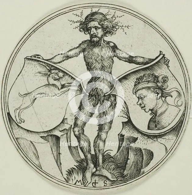 Two Shields with a Hare and a Moor's Head, Held by a Wild Man, 1480/90. Creator: Martin Schongauer.