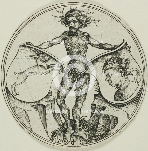 Two Shields with a Hare and a Moor's Head, Held by a Wild Man, 1480/90. Creator: Martin Schongauer.