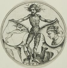 Two Shields with a Hare and a Moor's Head, Held by a Wild Man, 1480/90. Creator: Martin Schongauer