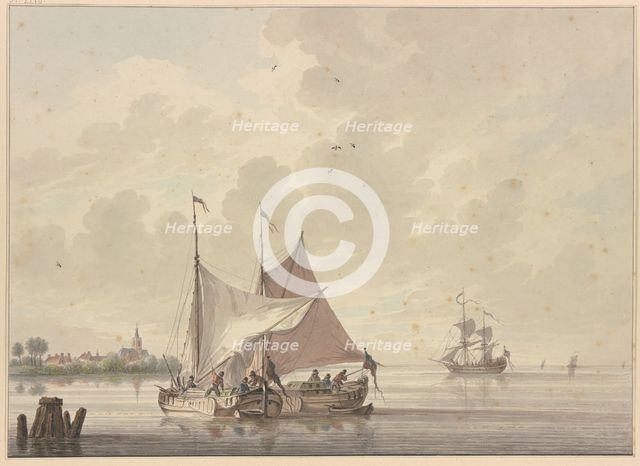 Two ships lie side by side, one is having its sail hoisted, four others in the..., 18th century. Creator: Nicolaas Wicart.