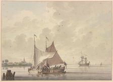 Two ships lie side by side, one is having its sail hoisted, four others in the..., 18th century. Creator: Nicolaas Wicart