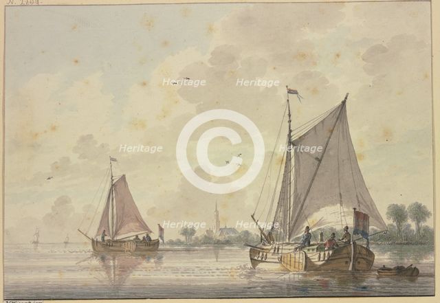 Two ships sailing on a very wide river, a church on the bank among the trees, 18th century. Creator: Nicolaas Wicart.