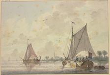 Two ships sailing on a very wide river, a church on the bank among the trees, 18th century. Creator: Nicolaas Wicart