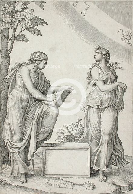 Two Sibyls with Signs of Zodiac, between 1517 and 1520. Creator: Marcantonio Raimondi.