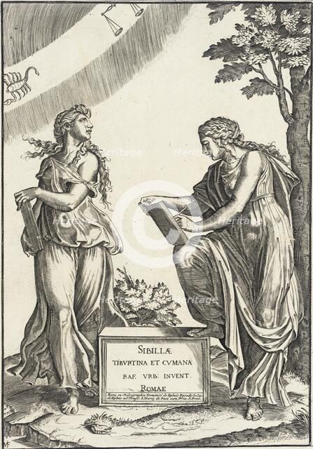 Two Sibyls with Signs of Zodiac, between 1680 and 1720. Creator: Marcantonio Raimondi.