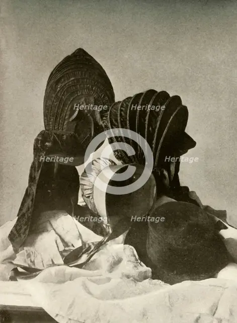 'Two silk calashes; riding-cap; Quaker bonnet; hat; gloves; and skirt', c18th century, (1937). Creator: Unknown.