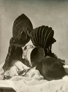 Two silk calashes; riding-cap; Quaker bonnet; hat; gloves; and skirt c18th century, (1937). Creator: Unknown