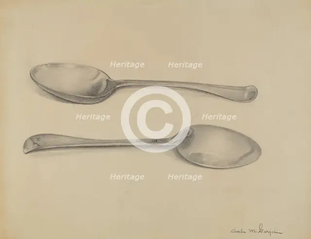 Two Silver Soup Spoons, c. 1936. Creator: Charles Garjian.