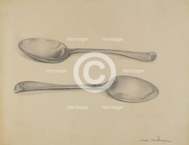 Two Silver Soup Spoons, c. 1936. Creator: Charles Garjian.
