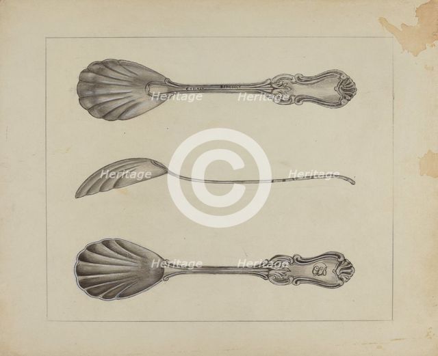 Two Silver Sugar Spoons, c. 1936. Creator: Anthony Zuccarello.