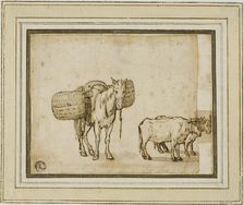 Two Sketches: Mule Carrying Baskets, Pair of Yoked Oxen, n.d. Creator: Cornelis de Wael
