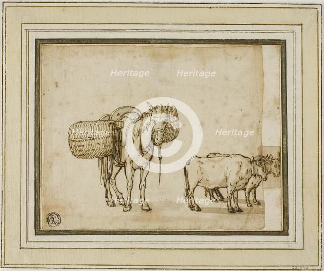 Two Sketches: Mule Carrying Baskets, Pair of Yoked Oxen, n.d. Creator: Cornelis de Wael.