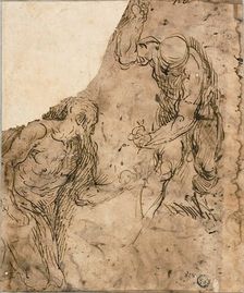 Two Sketches of Male Nudes, One Kneeling, One Standing (recto); Three Sketches..., 1600/09. Creator: Jacopo Palma