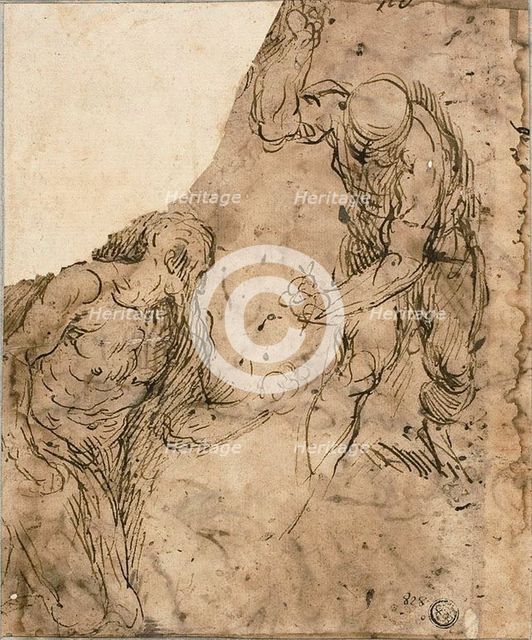Two Sketches of Male Nudes, One Kneeling, One Standing (recto); Three Sketches..., 1600/09. Creator: Jacopo Palma.