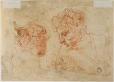 Two Sketches of Heads (recto); Two Sketches of Draped Woman (verso), c.1600. Creator: Unknown
